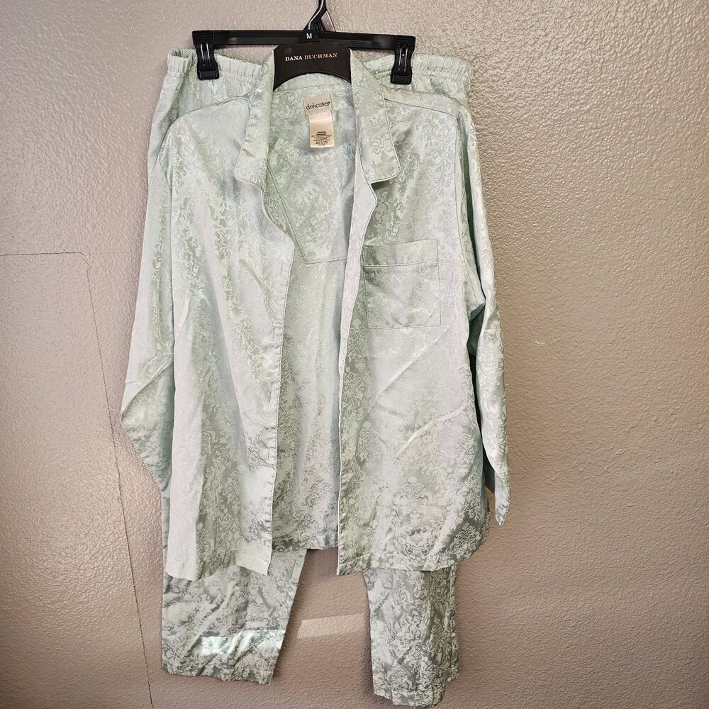 Delicates Pajama Set Sz M Mint Green Satin Floral Jacquard 2 Pc Sleepwear Bb627